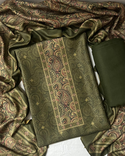 Nazaakat Toosh Pashmina Suit with Matching Stole- Mehndi Green