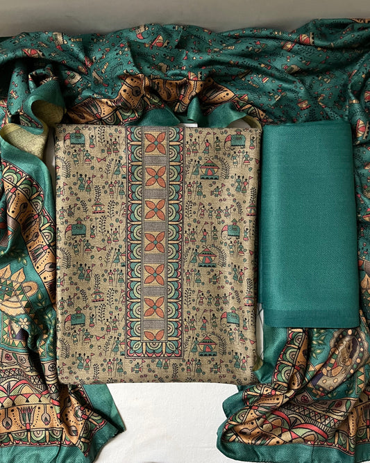 Noorvi Warli Print Woolen Suit with Floral Neck Patti & Printed Stole - Bottle Green
