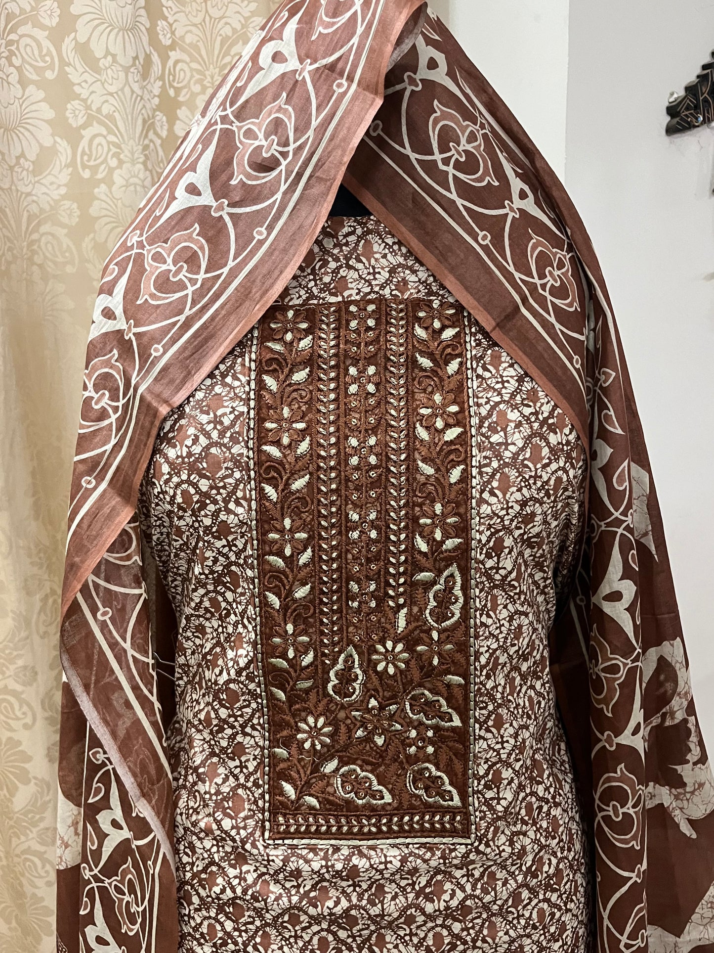 Sukoon Pure Cotton Suit Set with Embroidered Neck Patch - Coco Brown