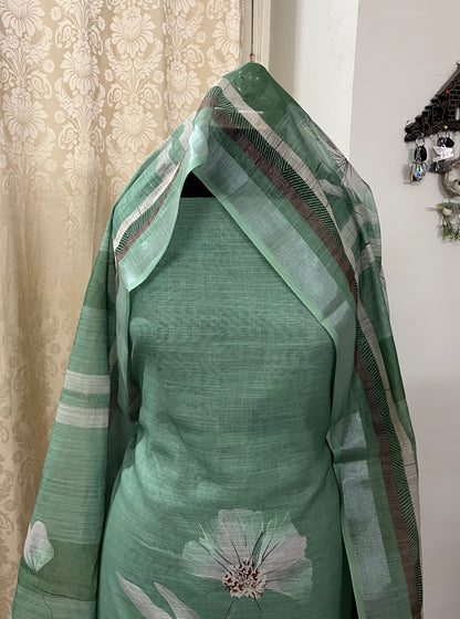 Hastkala Premium Linen Summer Floral Suit with Handwork - Sage Green