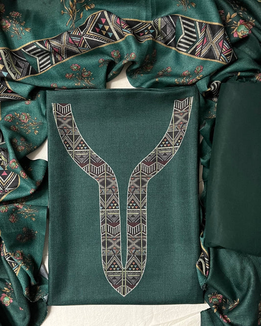 Woolen Suit with Digital Floral Print & Matching Stole - Peacock Green