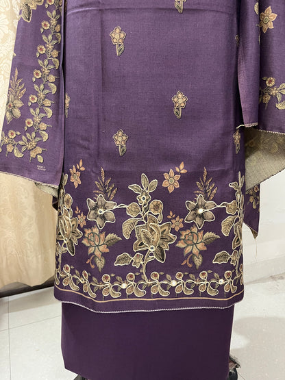 Phool Aari-Work Toosh Pashmina Woolen Suit - Purple