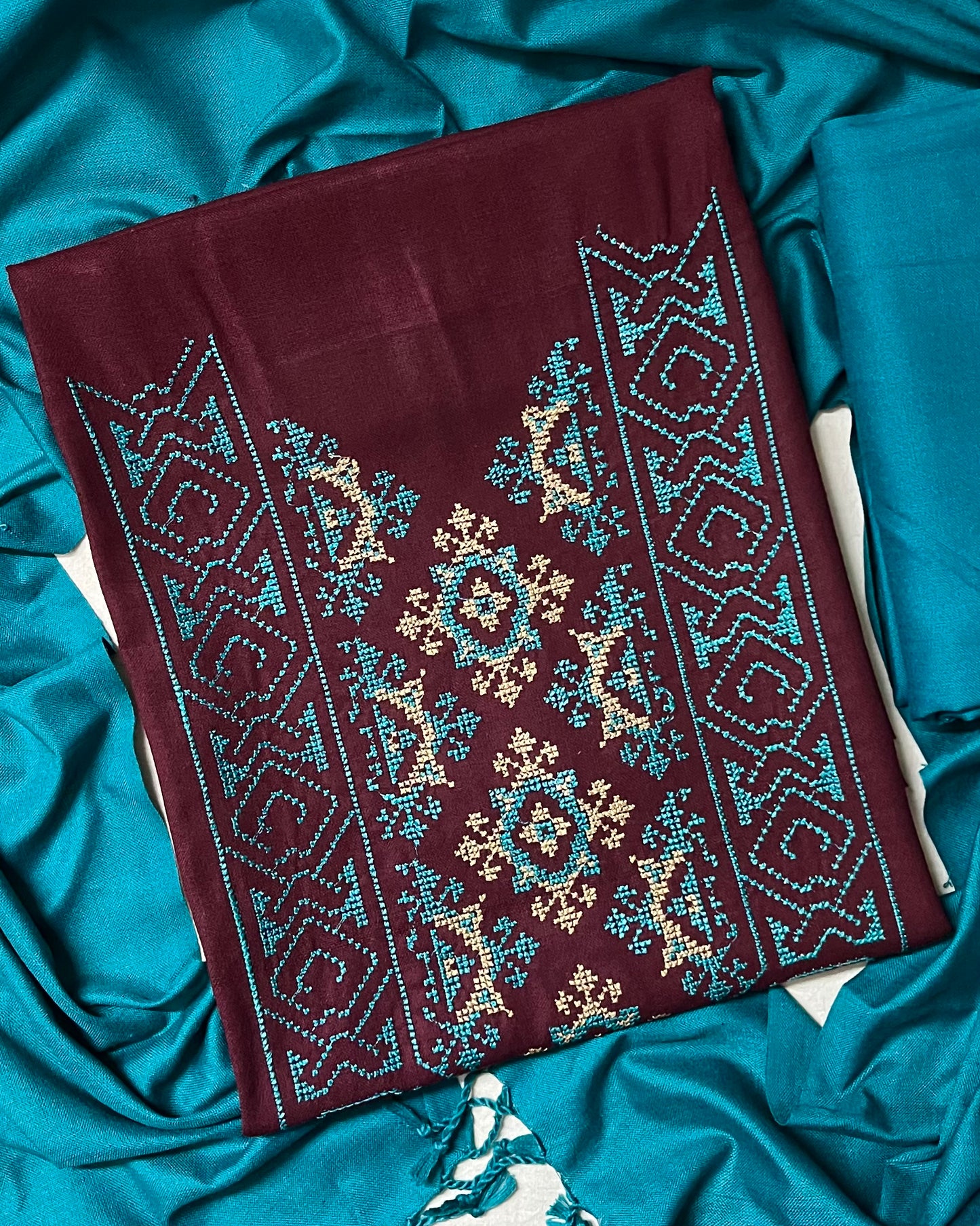 Miras Cross-Stitch  Design Pure Cashmilon Woolen Suit - Brick Red