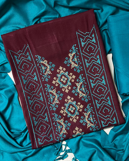 Miras Cross-Stitch  Design Pure Cashmilon Woolen Suit - Brick Red