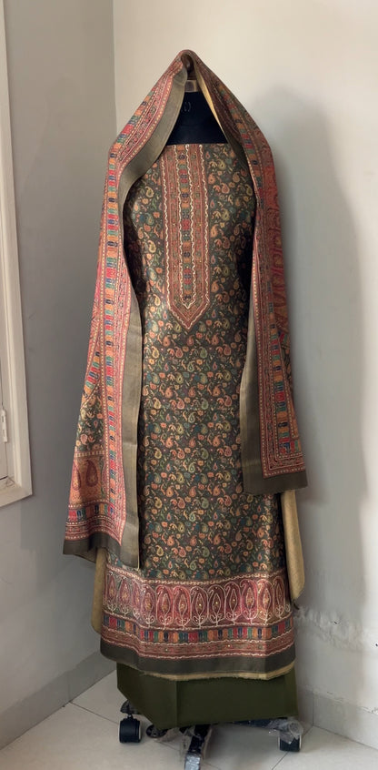 Heer Aari-Swarovski Toosh Pashmina Woolen Suit - Mehndi Green
