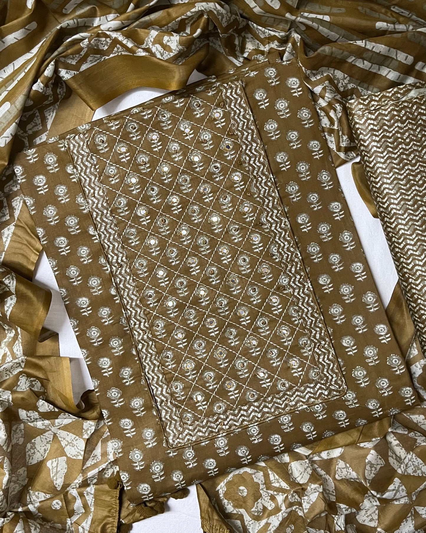 Paalki Pure Cotton Suit Set with Knot & Mirror Work Neck Patch - Burnt Mustard