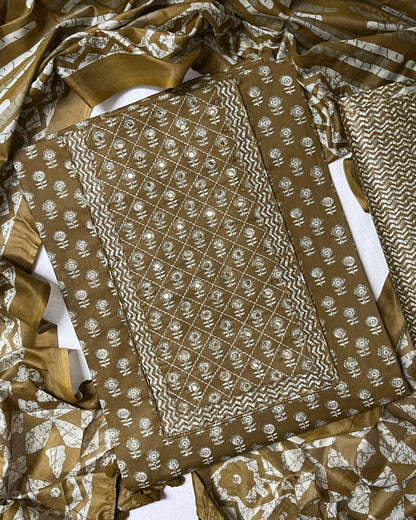 Paalki Pure Cotton Suit Set with Knot & Mirror Work Neck Patch - Burnt Mustard