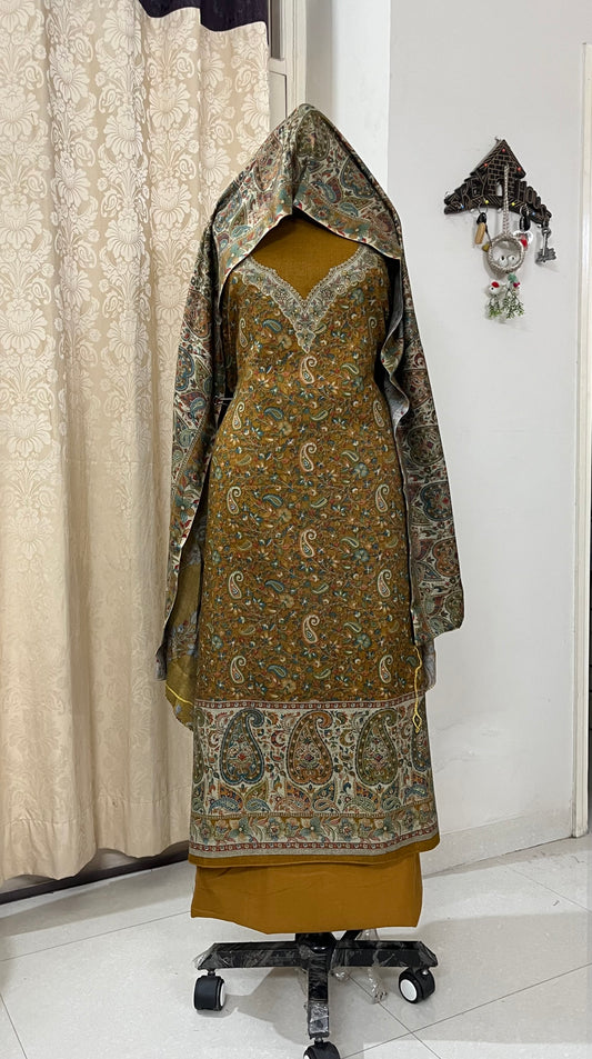 Tehzeeb Soft Pashmina Woolen Suit with Kani Print & Matching Stole - Mustard