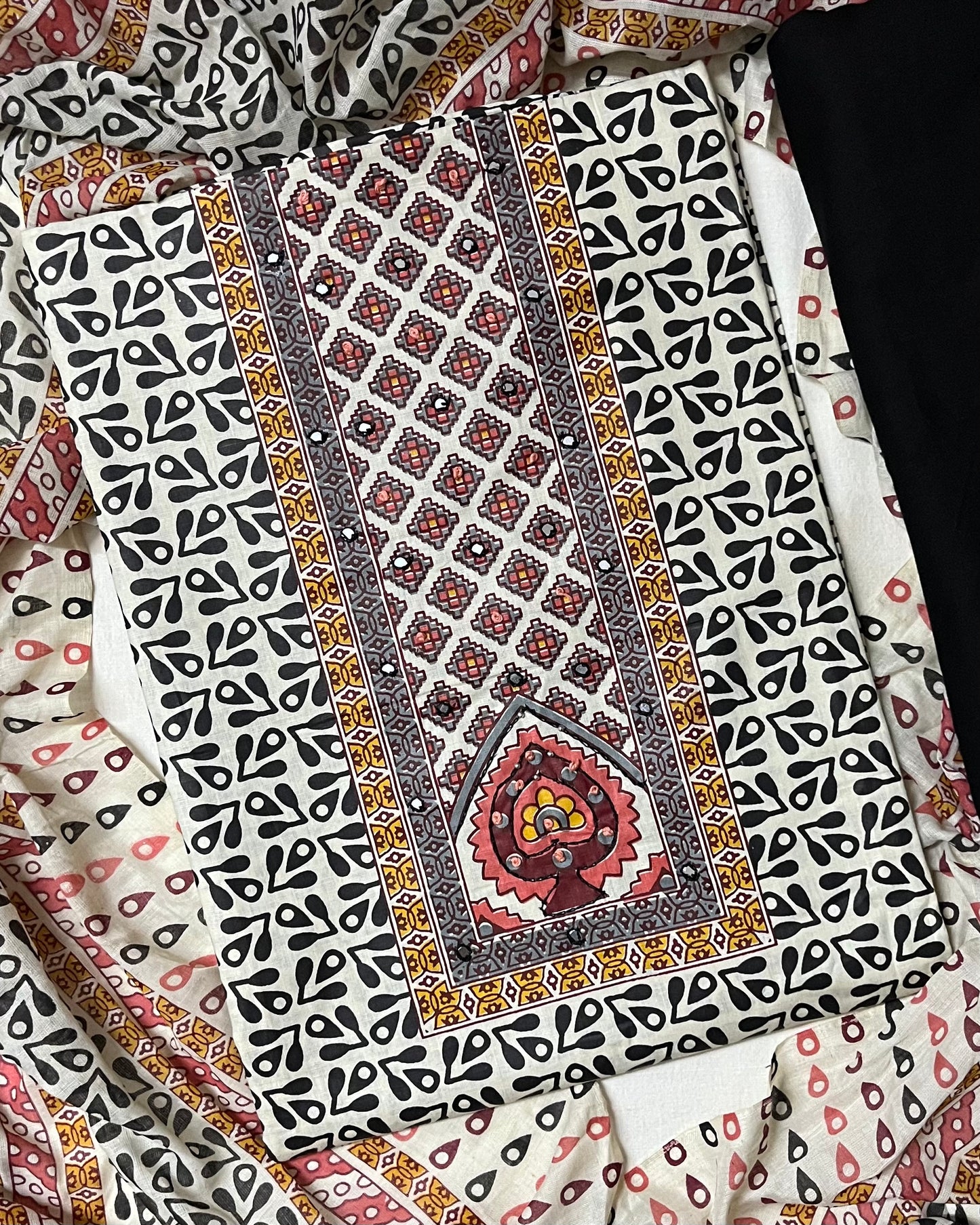 Ajrakh Print Pure Cotton Suit Set with Knot & Mirror Work