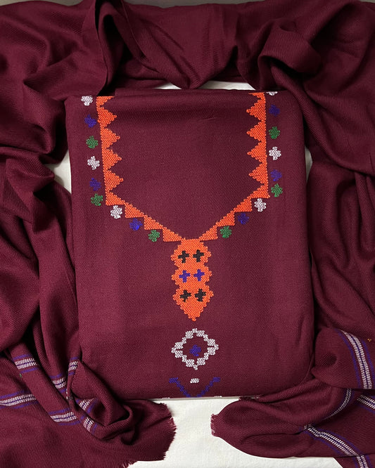 Heritage Kullvi Woolen Suit with Printed Stole in Brown