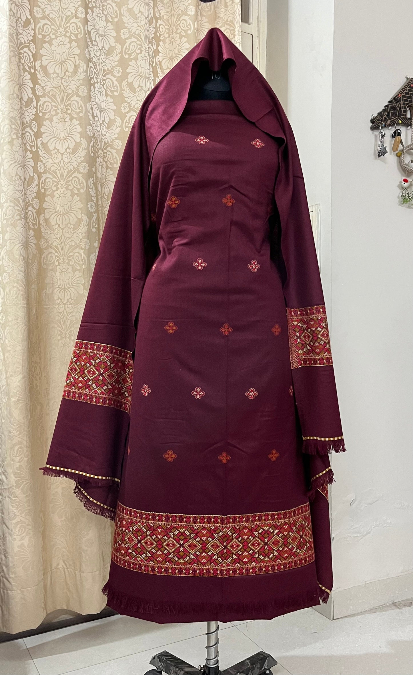 Pahadi Kullvi Soft Woolen Suit with Matching Stole - Maroon