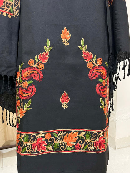 Kashmiri Embroidered Woolen Suit with Full Jaal Stole - Black
