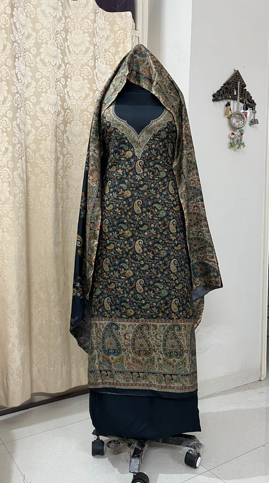 Tehzeeb Soft Pashmina Woolen Suit with Kani Print & Matching Stole - Black
