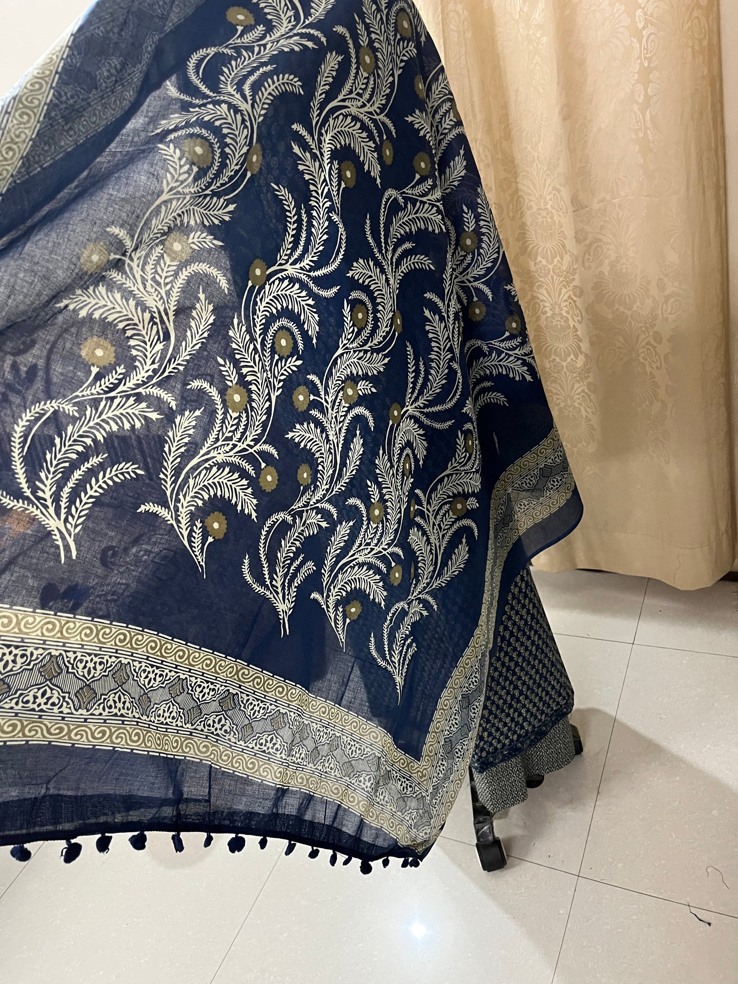 Roop Pure Cotton Suit Set with Embroidered Neck Patch - Navy Blue