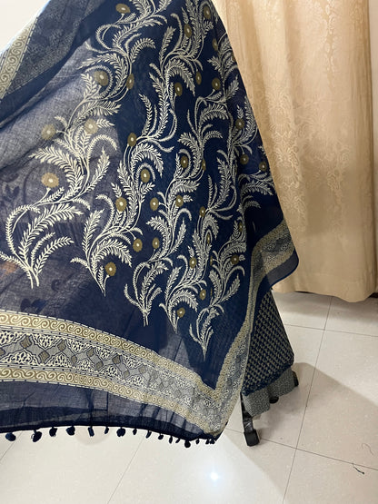 Roop Pure Cotton Suit Set with Embroidered Neck Patch - Navy Blue