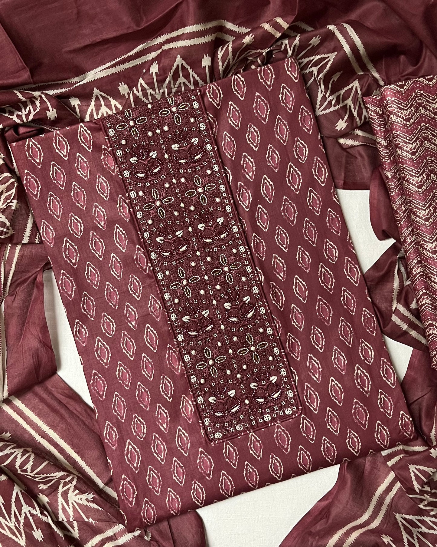 Zevar Pure 100% Cotton Suit Set with Hand Embroidered Neck Patch - Plum Red