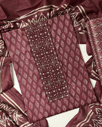 Zevar Pure 100% Cotton Suit Set with Hand Embroidered Neck Patch - Plum Red