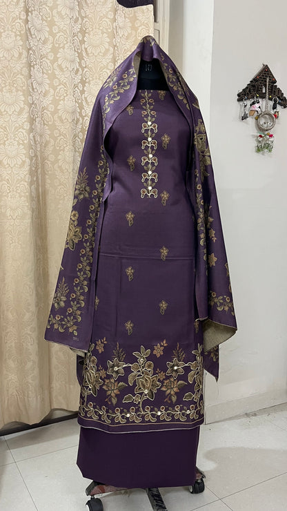 Phool Aari-Work Toosh Pashmina Woolen Suit - Purple
