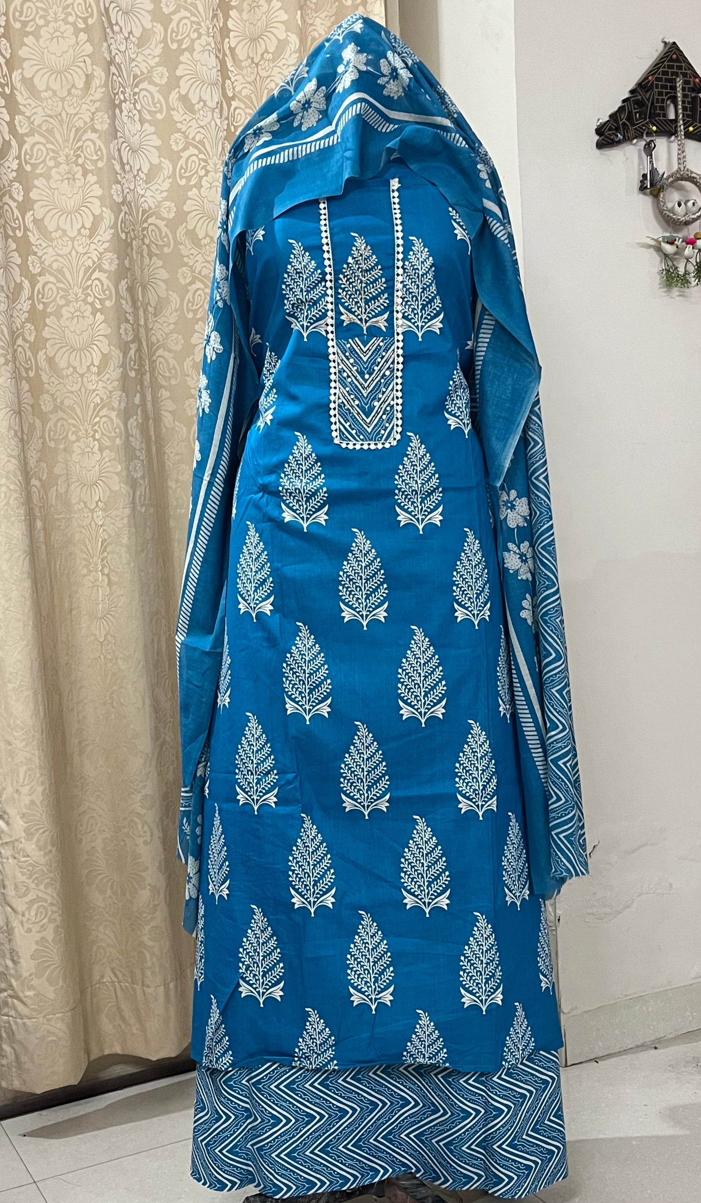 Subah Pure Cotton Suit Set with Sequin Handwork & Lace- Firozi