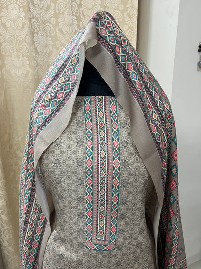 Stone Grey Floral Toosh Pashmina Suit with Matching Stole