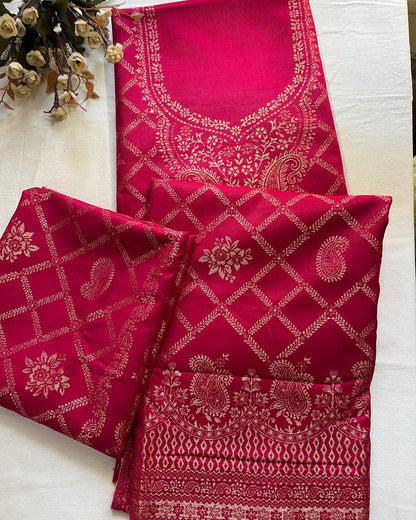 Magenta Pink Woolen Banarasi Suit with All-Over Design & Printed Stole