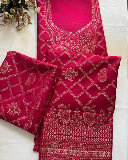 Magenta Pink Woolen Banarasi Suit with All-Over Design & Printed Stole