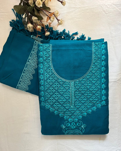 Peacock Green Acrylic Wool Embroidered Suit with Matching Stole