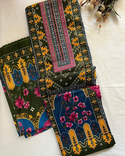 Pashmina Spun Digital Print Suit with Lace-Detail Stole & Plain Bottom