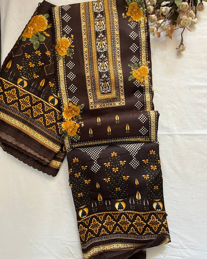Pashmina Spun Digital Print Suit with Lace-Detail Stole & Plain Bottom