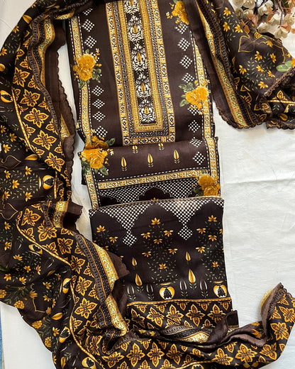 Pashmina Spun Digital Print Suit with Lace-Detail Stole & Plain Bottom