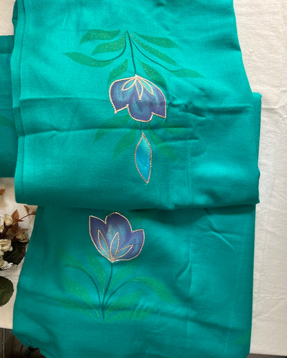 Teal Blue Woolen Hand-Painted Suit with Matching Stole