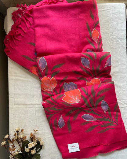 Rani Pink Woolen Hand-Painted Suit with Matching Stole