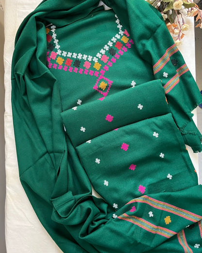 Heritage Kullvi Woolen Suit with Printed Stole in Bottle Green