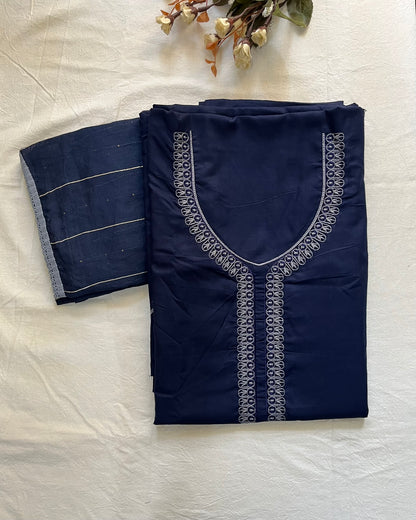Indigo Cotton Suit with Floral Embroidery & Lace Dupatta