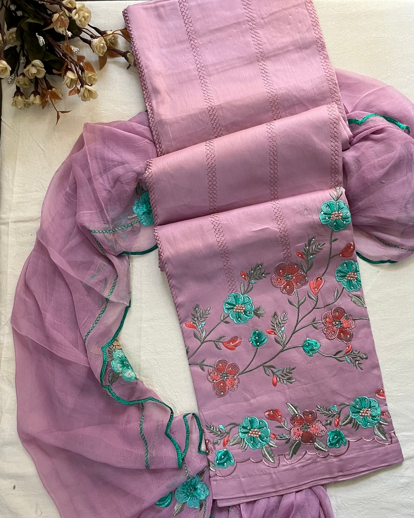 Lavender Jaam Cotton Suit with Embroidery & Scalloped-Edge Dupatta