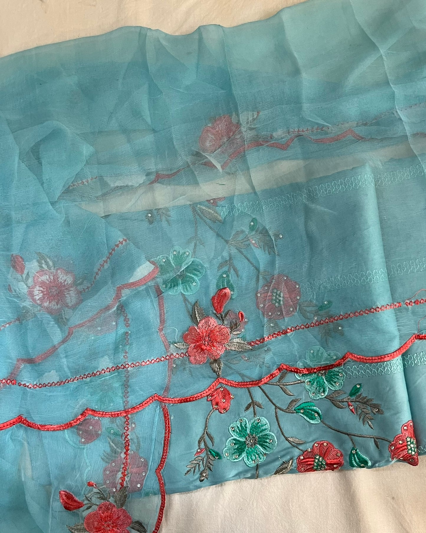 Blue Jaam Cotton Suit with Embroidery & Scalloped-Edge Dupatta