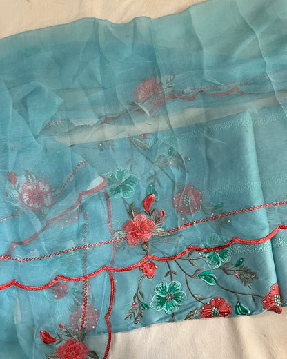 Blue Jaam Cotton Suit with Embroidery & Scalloped-Edge Dupatta