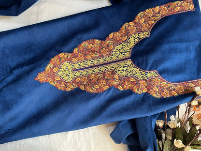 Royal Blue Woolen Corduroy Suit with Neck Design & Stole