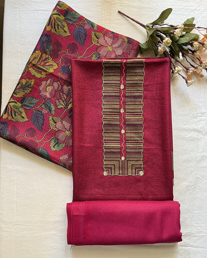 Gulnari Woolen Aari & Mirror Work Suit with Printed Stole - Pink