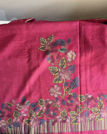 Gulnari Woolen Aari & Mirror Work Suit with Printed Stole - Pink