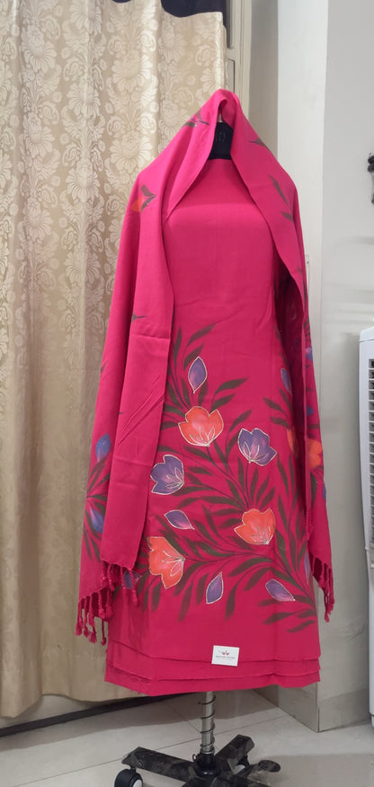 Rani Pink Woolen Hand-Painted Suit with Matching Stole