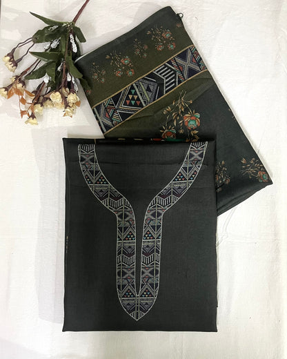 Woolen Suit with Digital Floral Print & Matching Stole - Mehndi Green