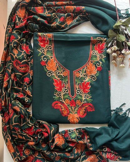 Kashmiri Embroidered Woolen Suit with Full Jaal Stole - Peacock Green