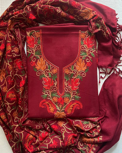 Kashmiri Embroidered Woolen Suit with Full Jaal Stole - Red