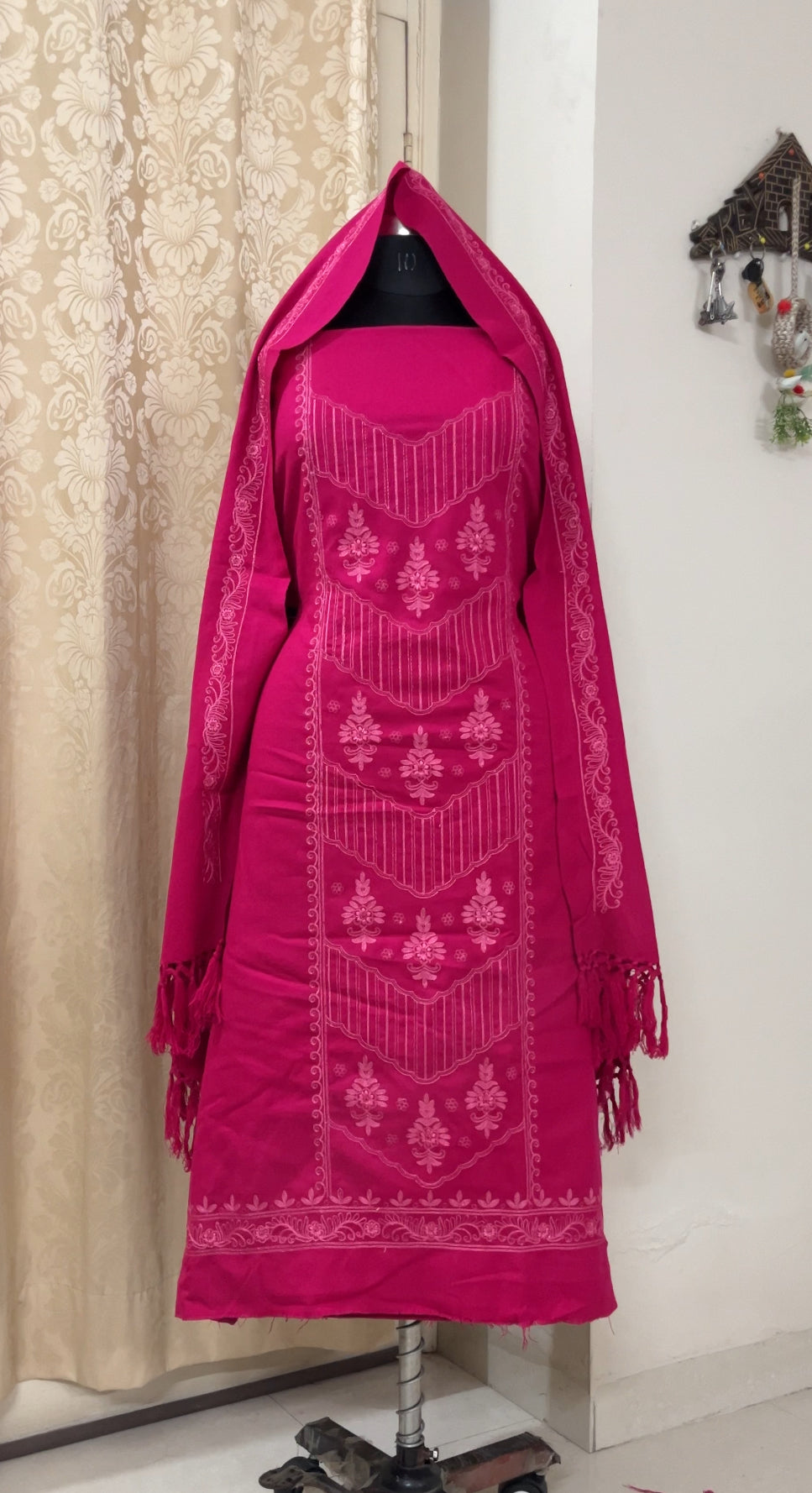 Gulabi Pink Acrylic Wool Embroidered Suit with Matching Stole