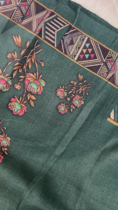 Woolen Suit with Digital Floral Print & Matching Stole - Peacock Green