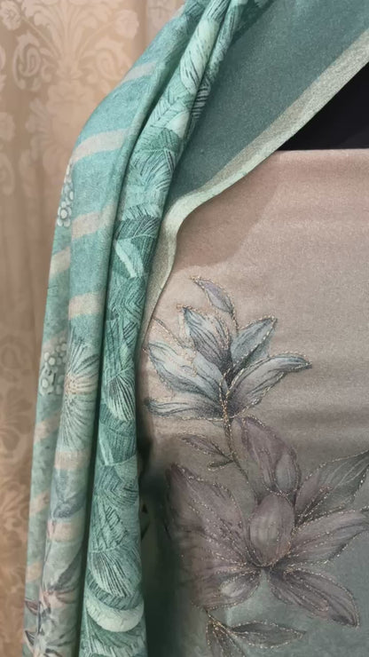 Ombre Blue Viscose Pashmina Suit with Aari Work & Digital Printed Stole