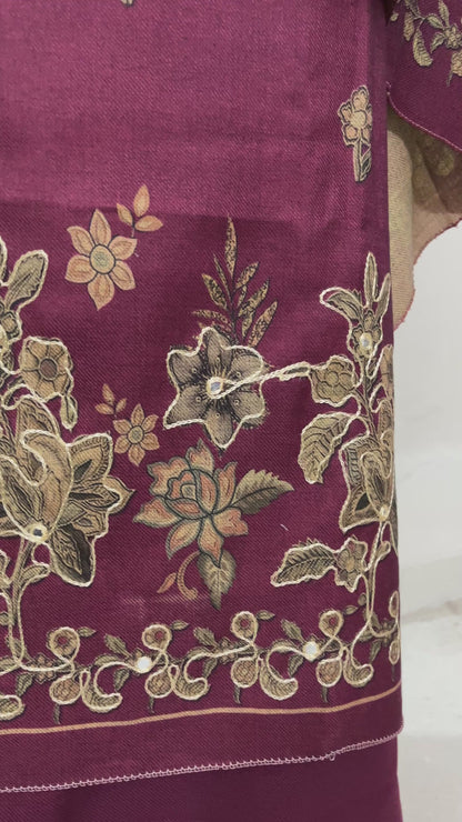 Phool Aari-Work Toosh Pashmina Woolen Suit - Raspberry Pink