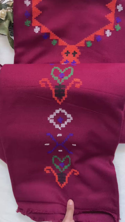 Heritage Kullvi Woolen Suit with Printed Stole in Dark Maroon