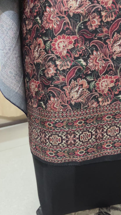 Raatrani Black Floral Digitally Printed Woolen Suit with Matching Stole